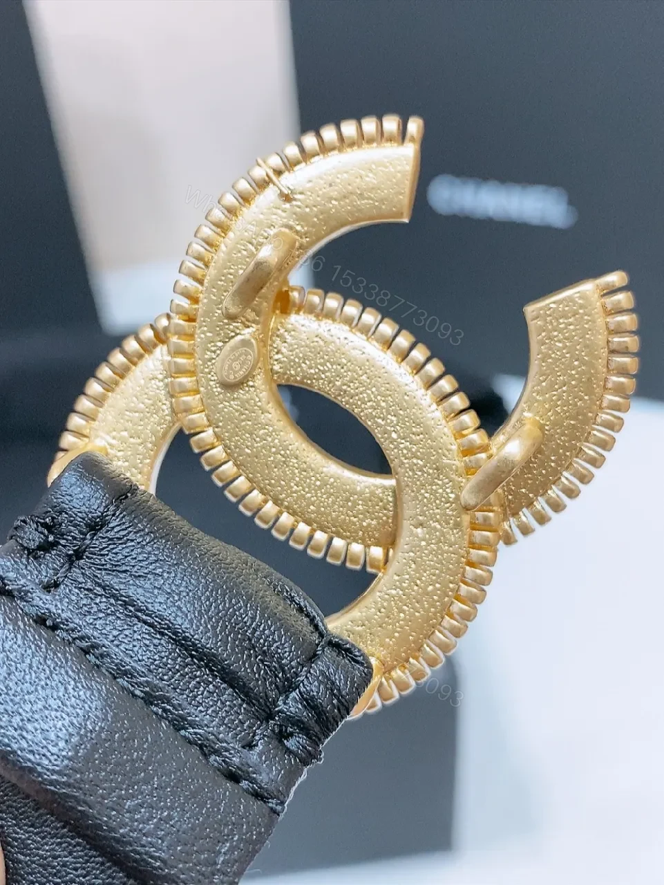 View 4 of Black Pleated Belt with Gold Logo Buckle