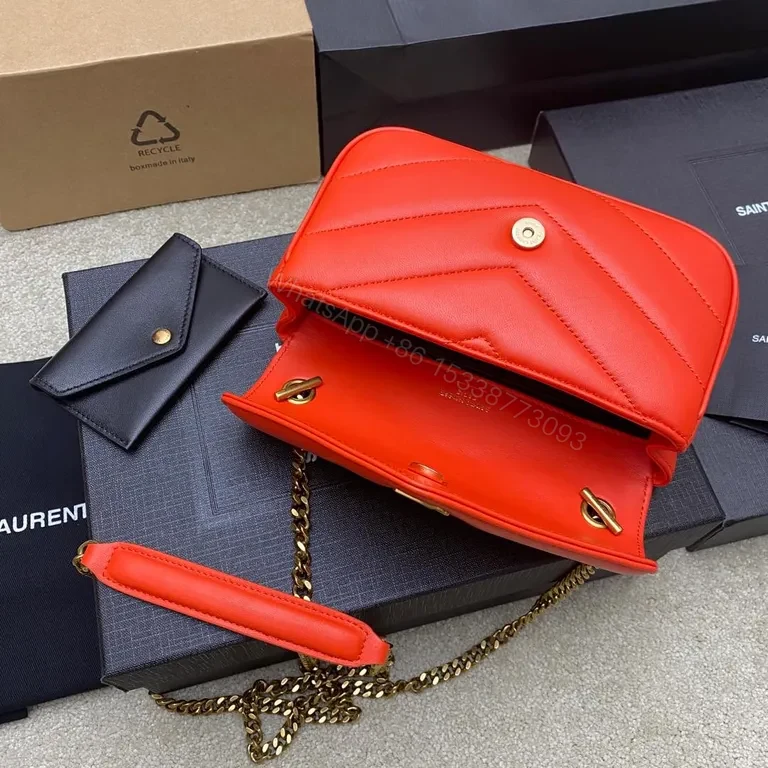 View 2 of Compact Red Leather Shoulder Bag with YSL Gold Monogram