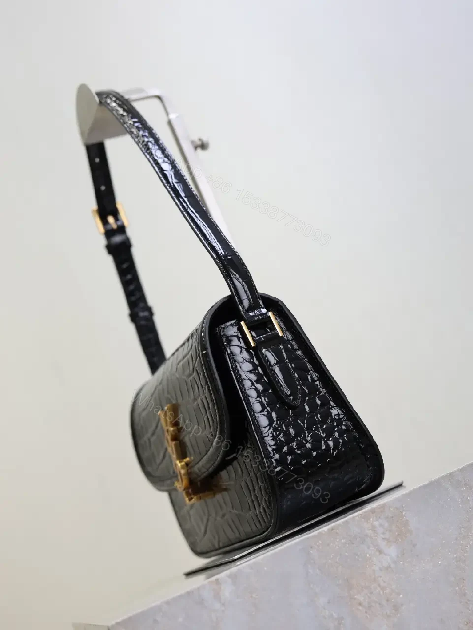 View 10 of Crocodile-Texture Leather Shoulder Bag with Gold Hardware
