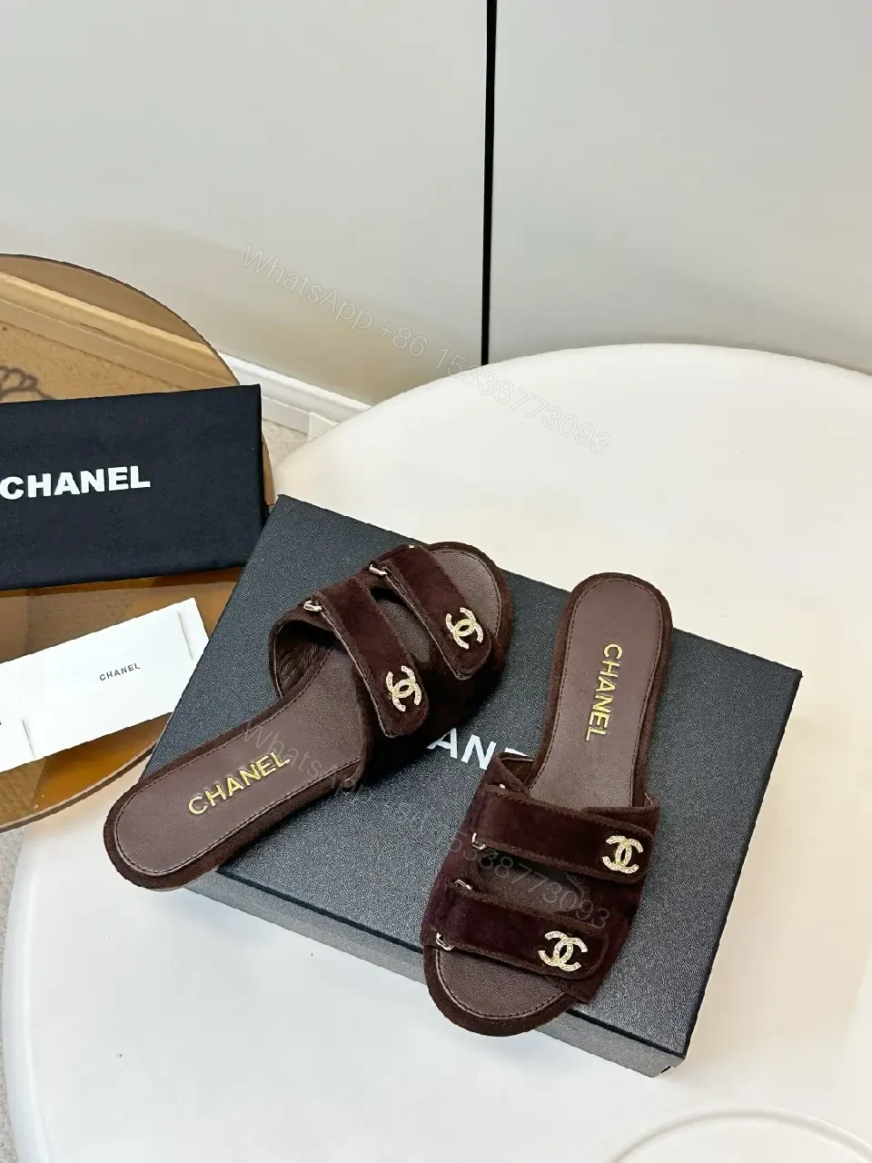 View 10 of Brown Suede Chanel-Inspired Slide Sandals: Comfort Luxury Shoes