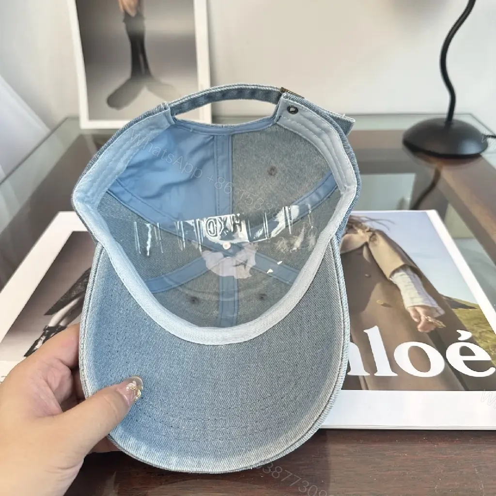 View 4 of Blue Denim Cap Distressed Crown / White Embroidered Text Cap