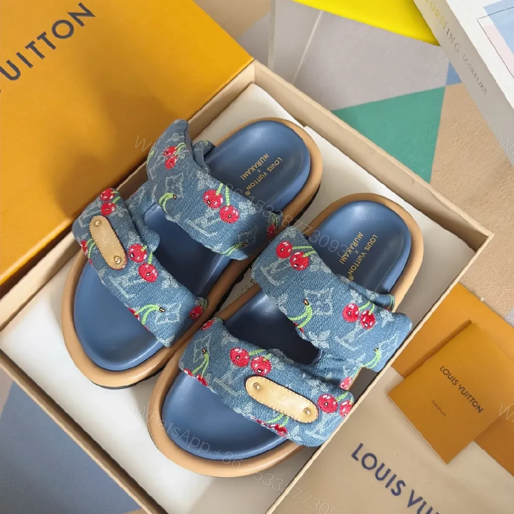View 2 of Denim Cherry-Embroidered Slides: Playful Luxury Sandals