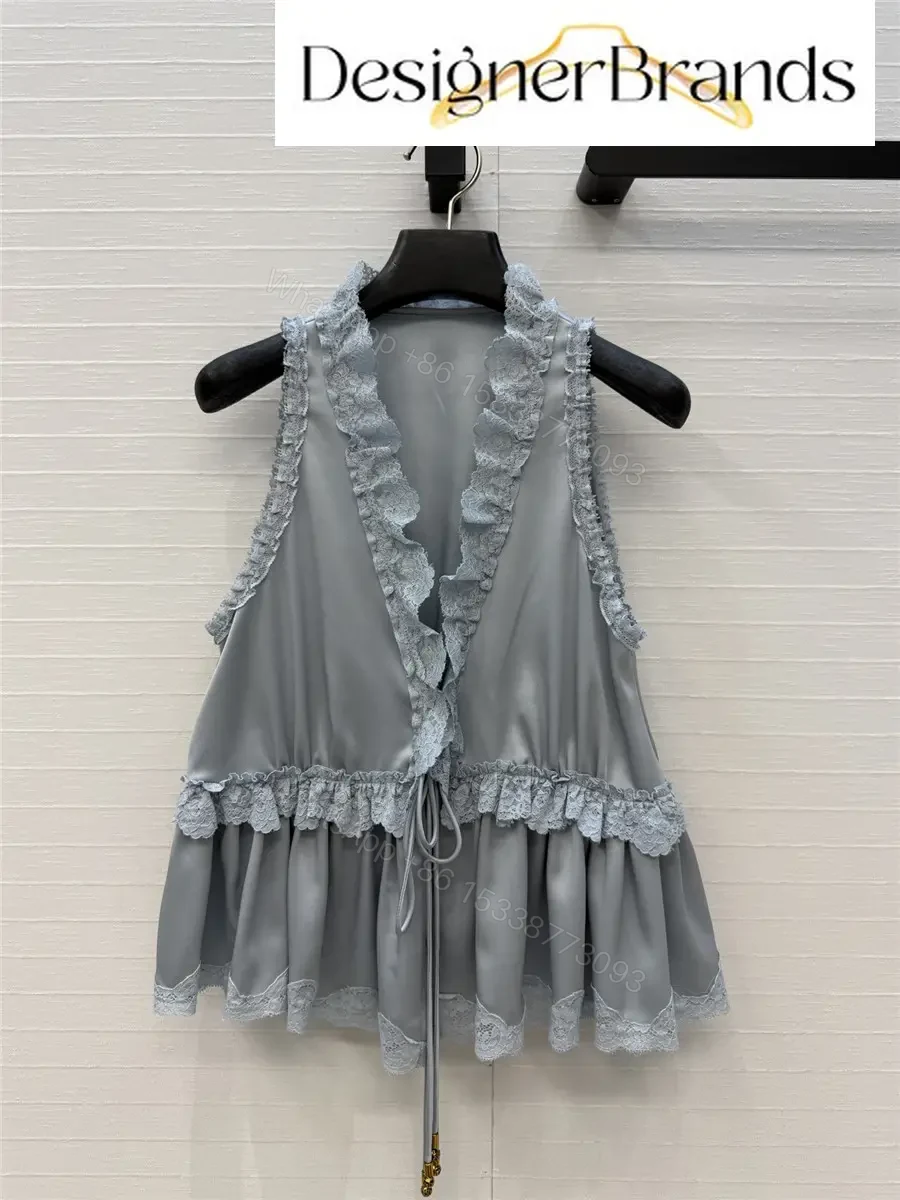Chloe Blue Silk-Satin Top with Lace Trim — view 1