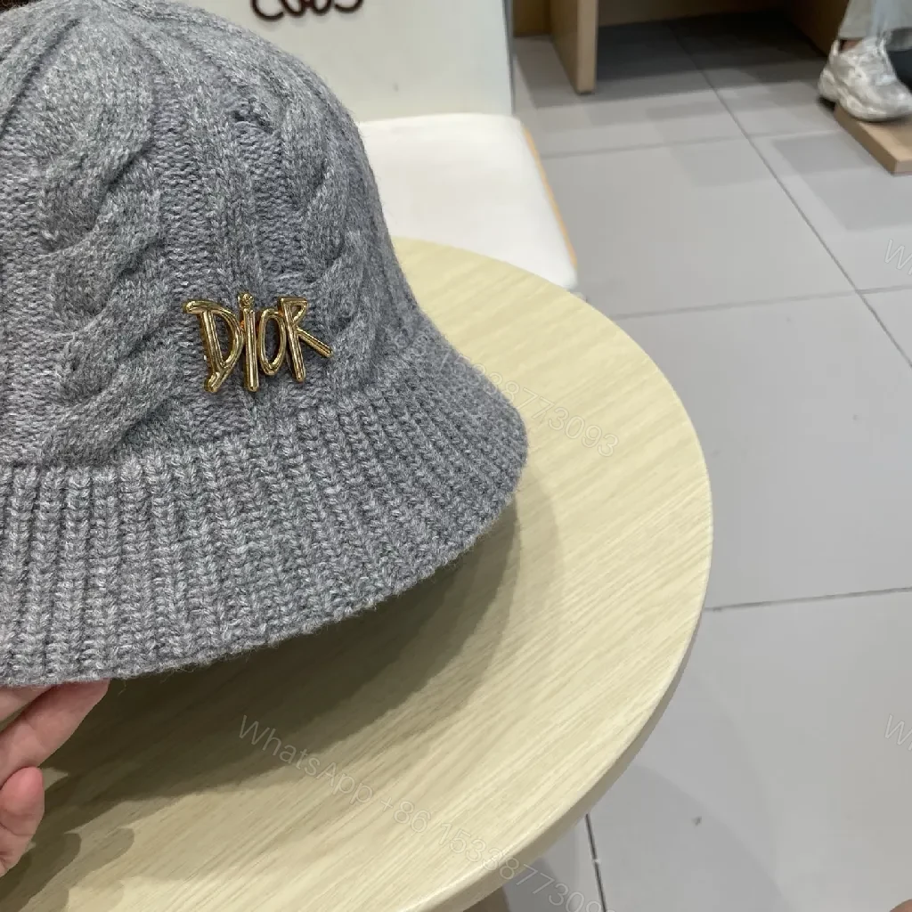 View 5 of Textured Wool Cap with Gold Logo Knit Hat, Grey, Luxury Style