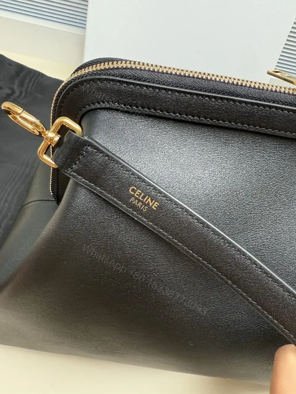 View 4 of Black Leather Minimalist Satchel with Gold Hardware, Structured