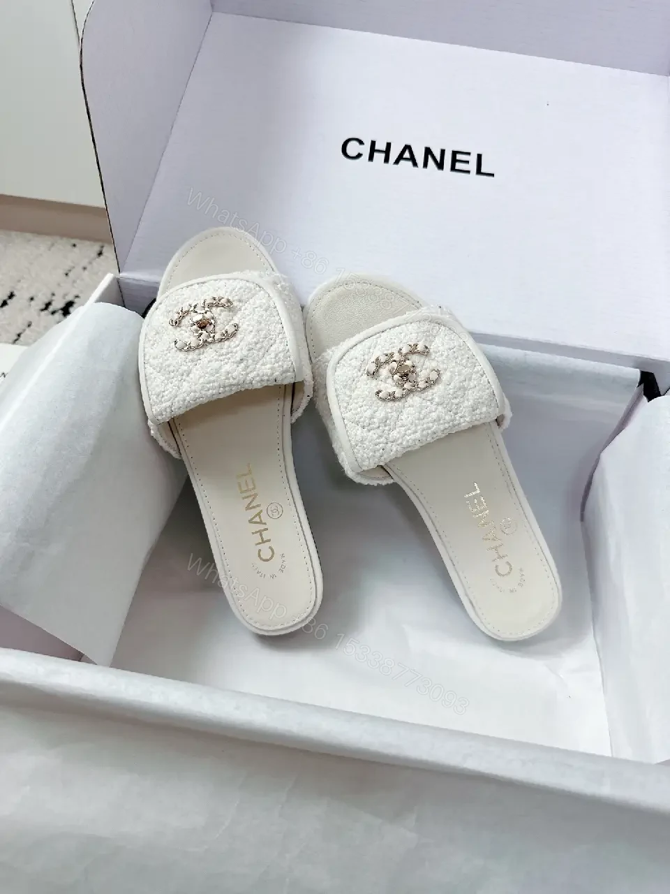 View 8 of White Bouclé Slip-Ons: Luxe Chanel-Esque Comfort Slides