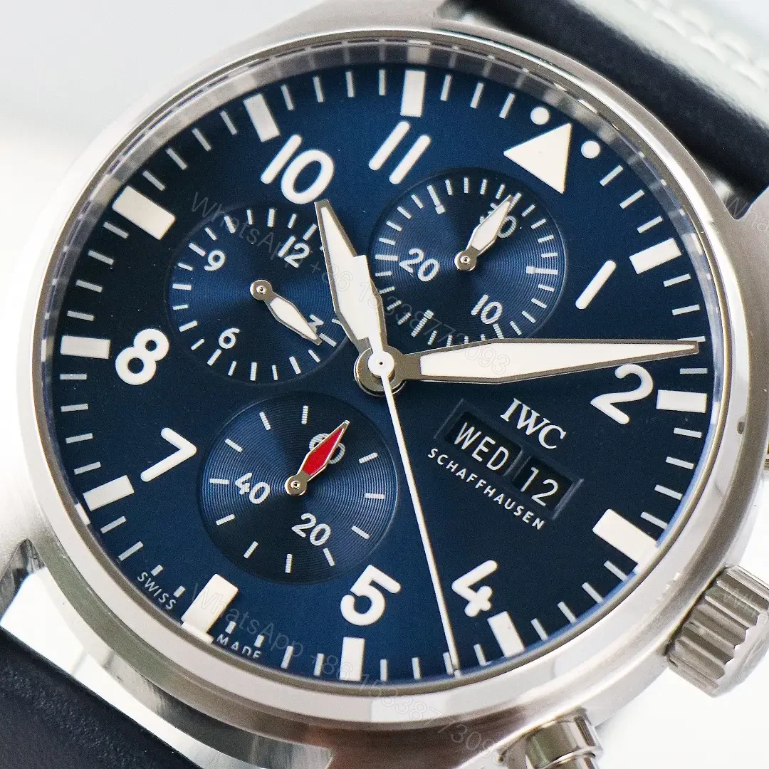 View 4 of IWC Pilot Chronograph Watch Blue Dial Black Leather Strap Ultimate 43MM IW378003