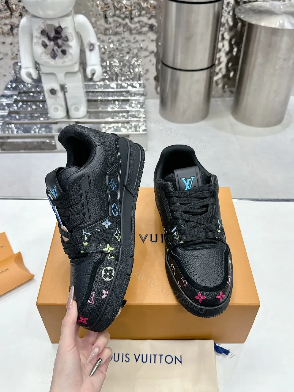 View 7 of Multicolor LV-Embellished Black Leather High-Tops Sneakers