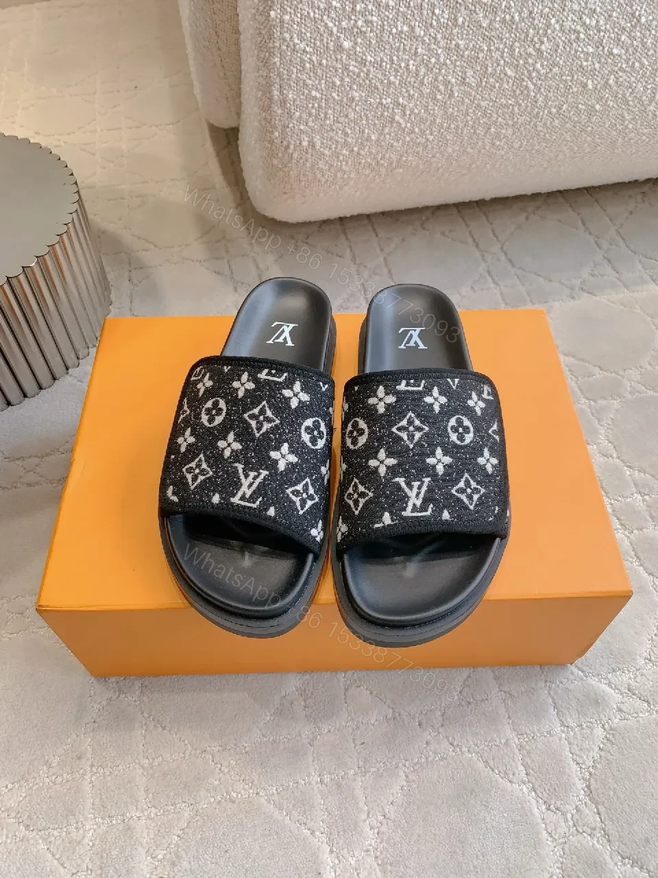 View 8 of Monochrome LV-Pattern Slides: Luxury Comfort for All-Day Wear