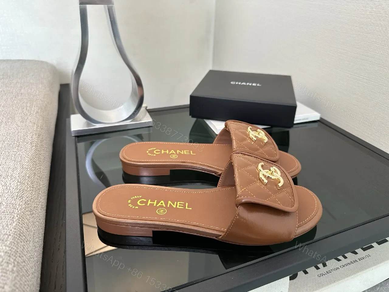 View 6 of Brown Quilted Sandals with Gold Logo, Open-Toe Slip-On, Luxury Style
