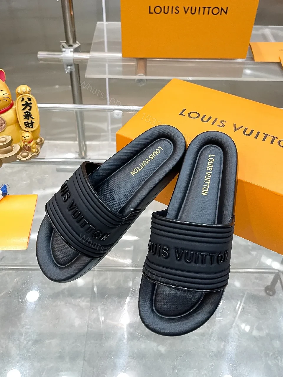 View 8 of Premium Black Slides with Striped Strap — Effortless Comfort