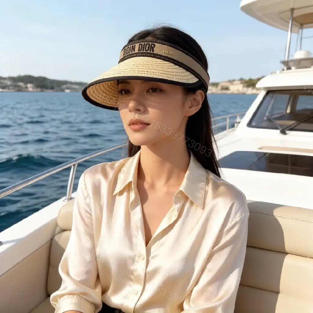 View 4 of Beige Braided Straw Visor Hat with Black Trim and Band
