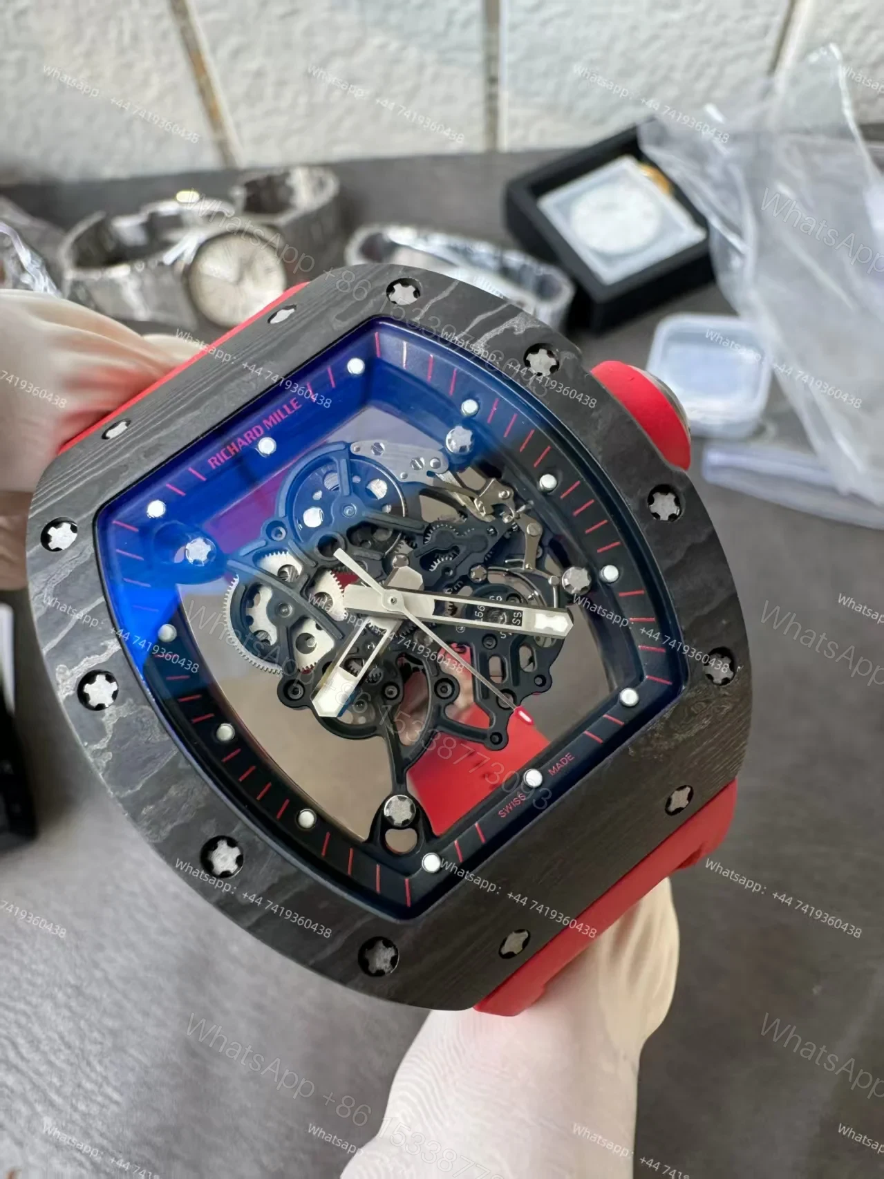 View 5 of Richard Mille RM 055 Carbon TPT Skeleton Vaucher Free-Sprung Movement Red Rubber Strap Custom Super Clone