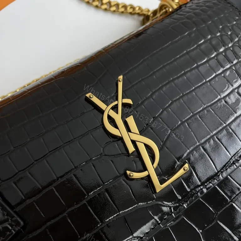 View 7 of Croc-Texture Black Leather Shoulder Bag with Gold Logo