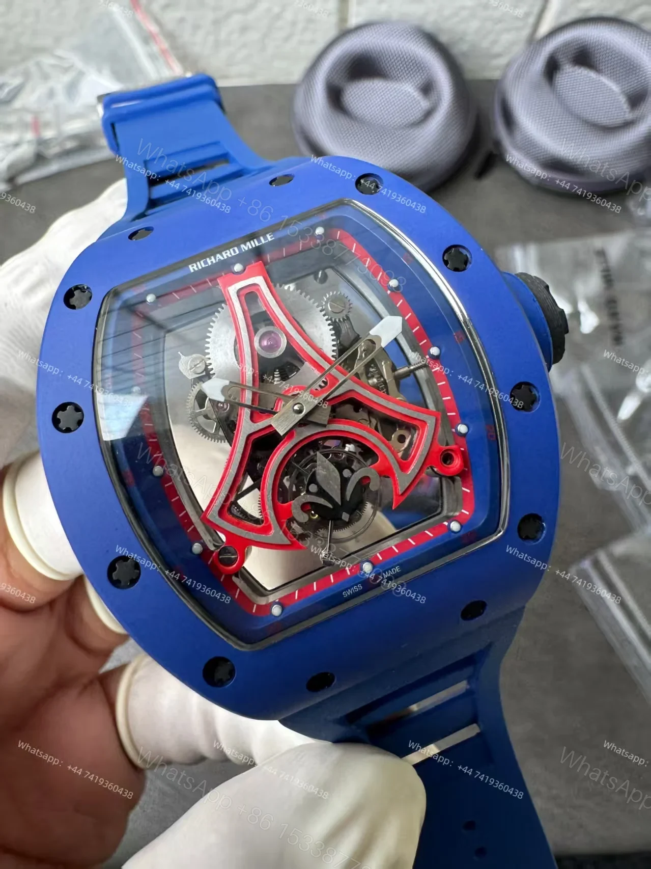 View 8 of Super Clone Richard Mille RM52-03 Blue Ceramic Paris Saint-Germain Skeleton Tourbillon 1:1 Replica Watch