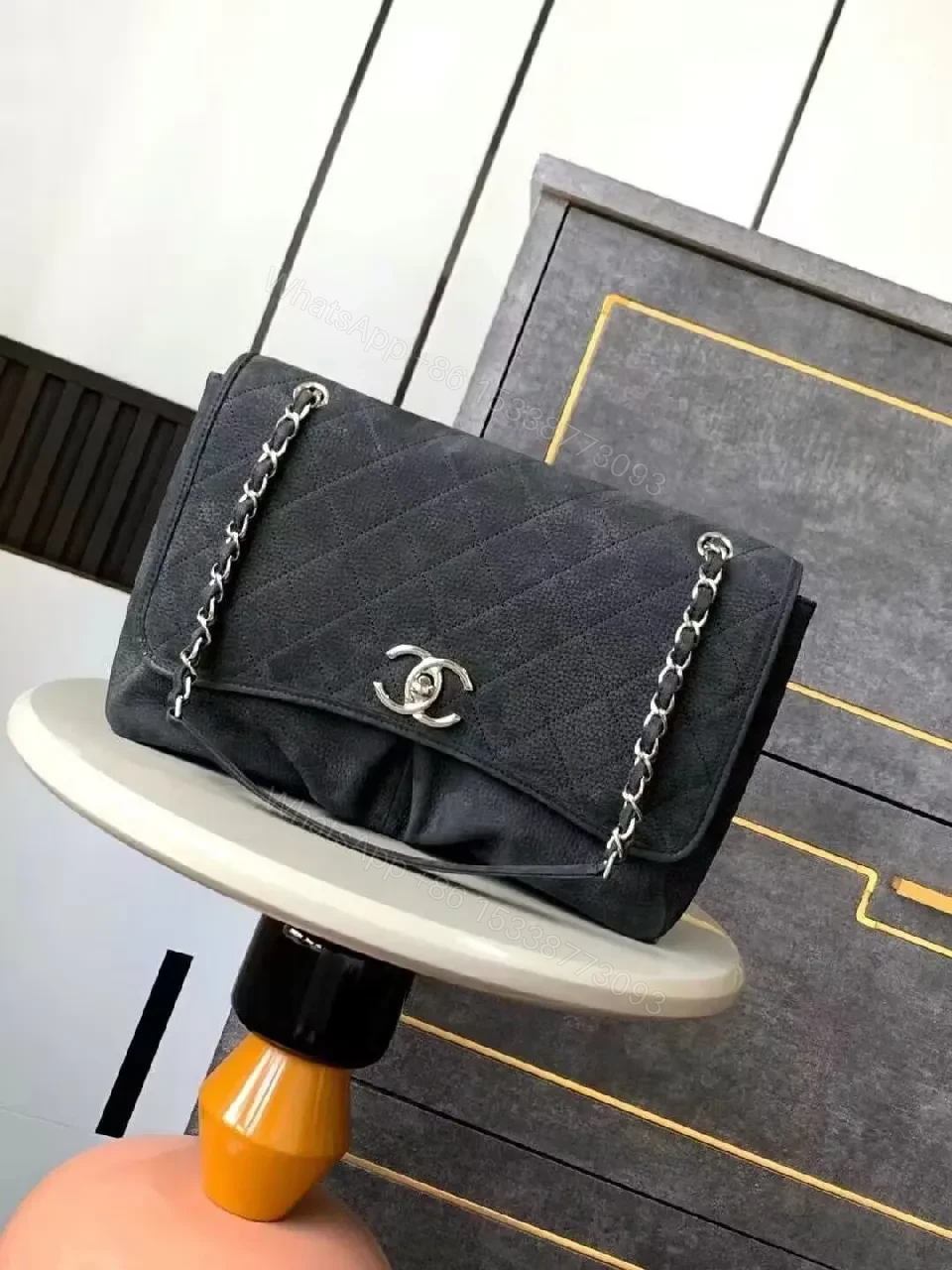 Quilted Black Leather Flap Bag with Silver Chain — view 1