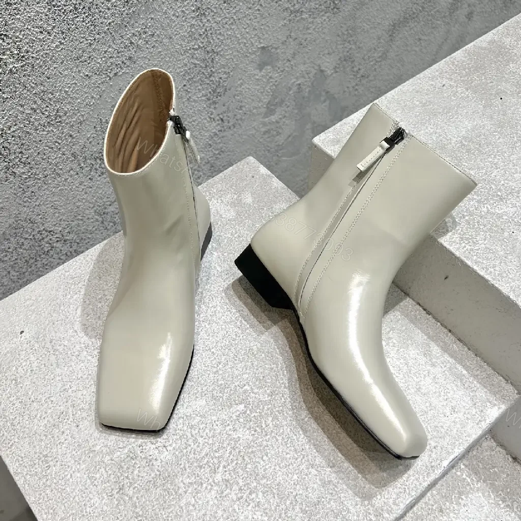 View 3 of Off-White Leather Ankle Boots with Square Toe and Zipper