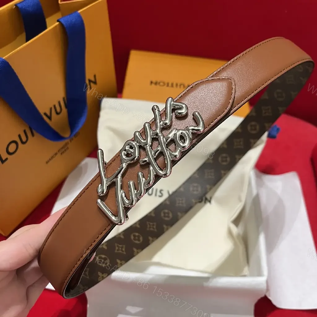 View 8 of Brown Leather Belt with Script Buckle – Modern Luxury Belt