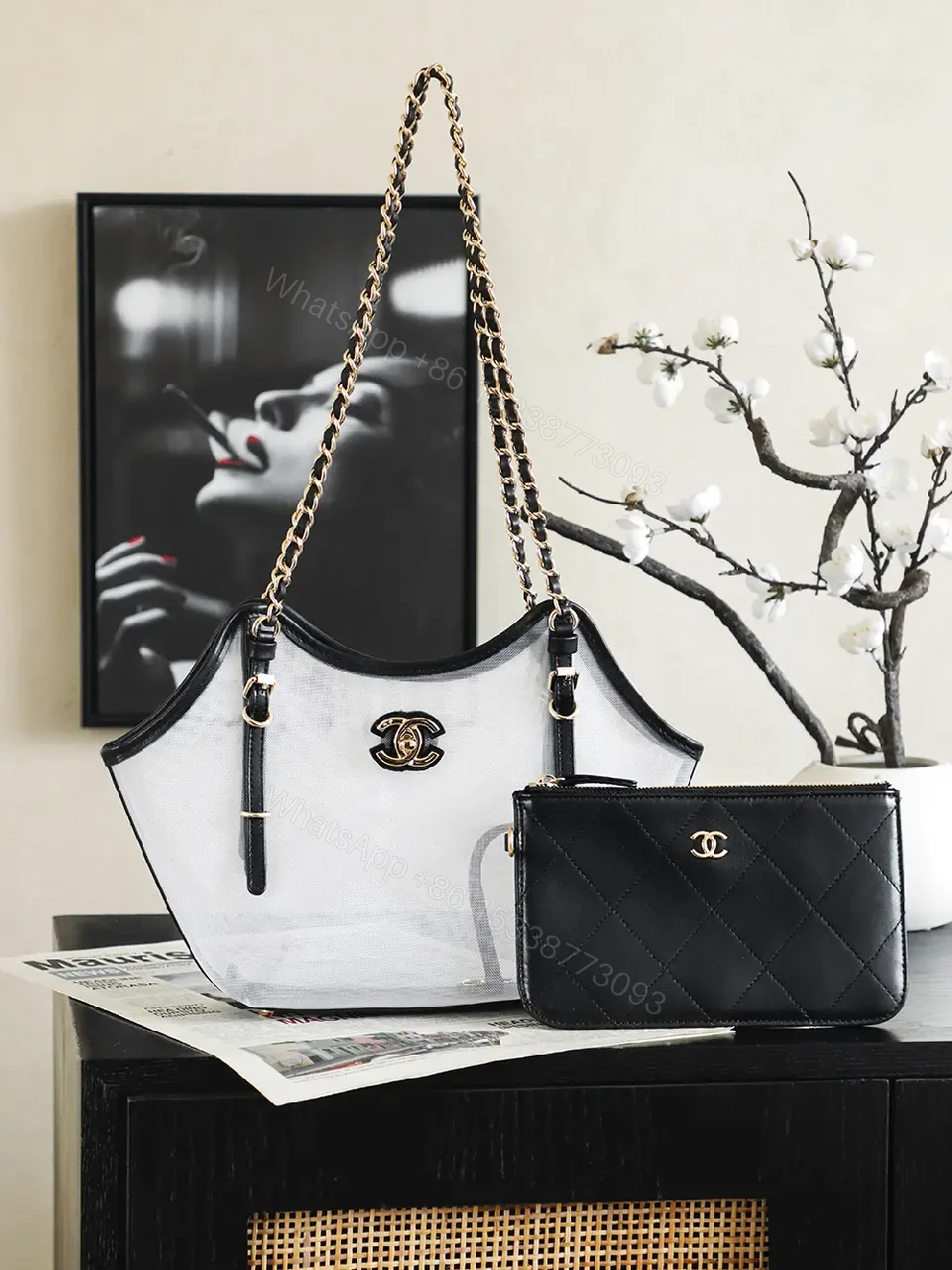 View 5 of White & Black Quilted Tote Mini Clutch with Gold Chanel Logo