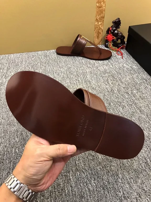 View 6 of Brown Leather T-Bar Sandal with Gold Hardware - Tom Ford Style