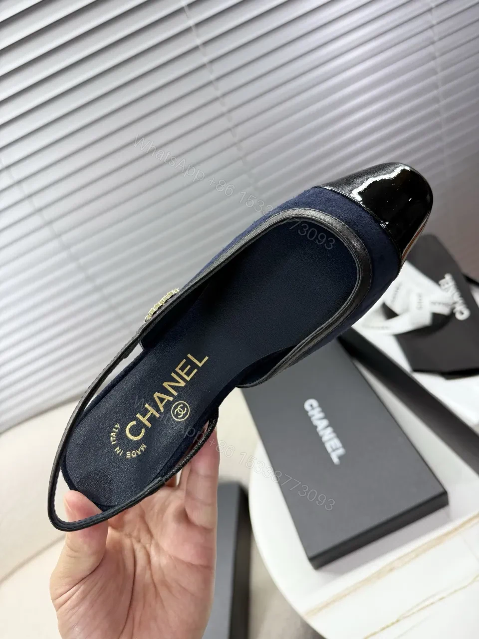 View 6 of Navy Velvet Mules with Patent Toe – Sleek Designer-Inspired Style