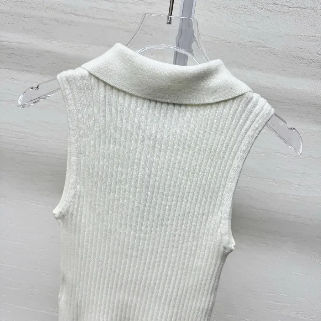 View 6 of White Knit Polo Vest, Ribbed Texture, Sleek Zip Mock-Neck Polo