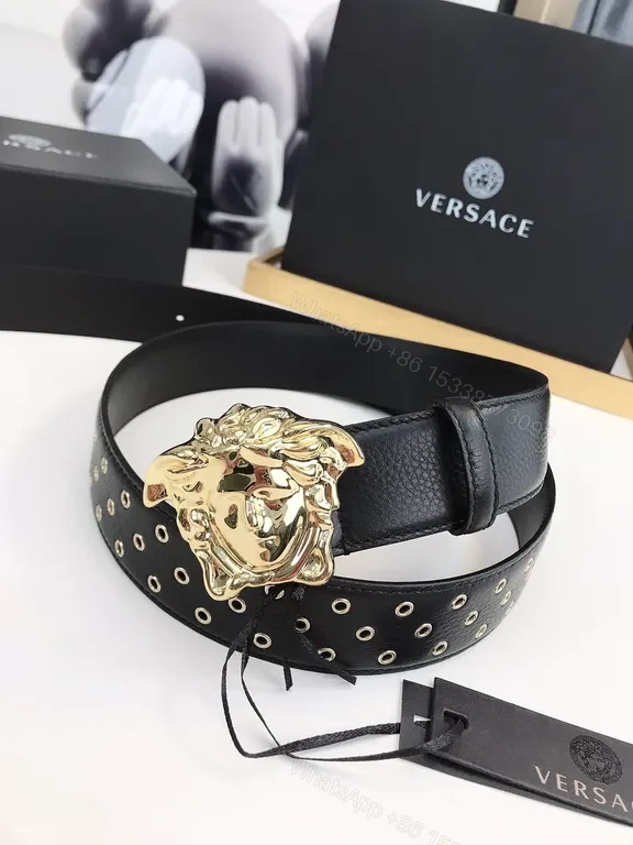 View 4 of Black Leather Belt with Gold Medusa Buckle - Versace Luxury Accessory