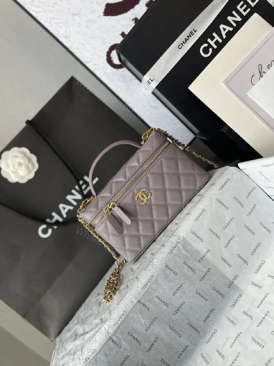 View 5 of Lavender Quilted Mini Bag with Gold Chain & Top Handle