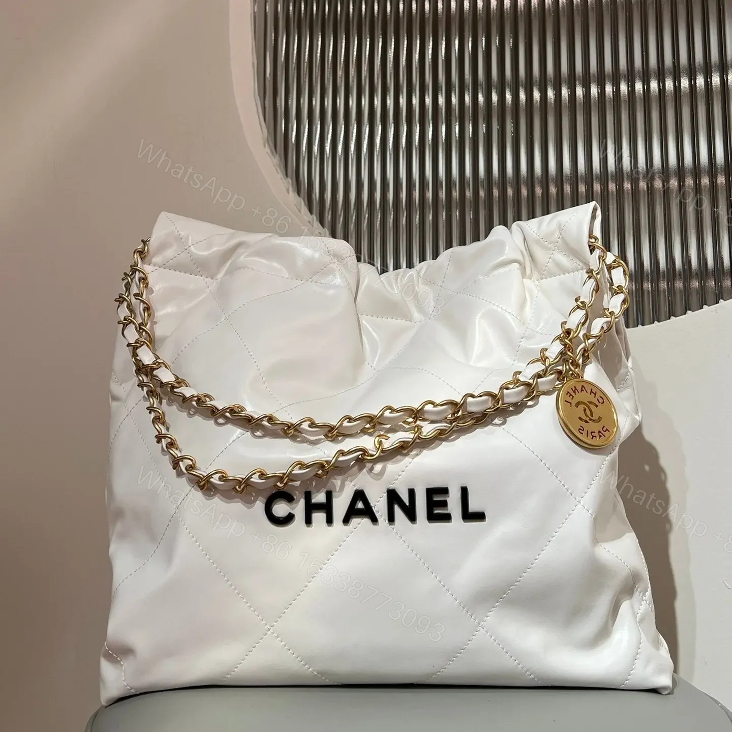 CHANEL 22 Bag Small White Lambskin Leather — view 1