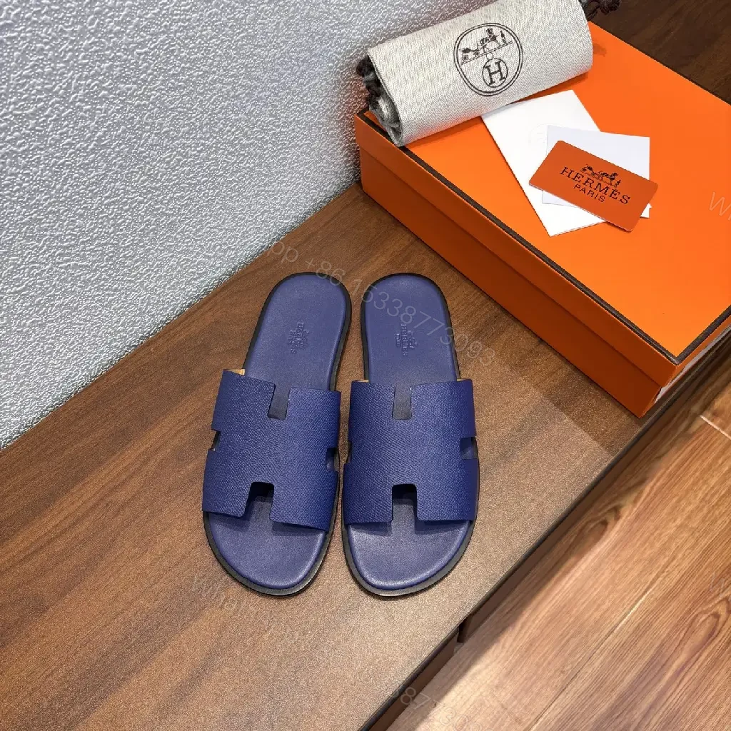 View 3 of Navy Leather Slide Sandals - Minimalist Comfort - Hermes Style (60 chars)