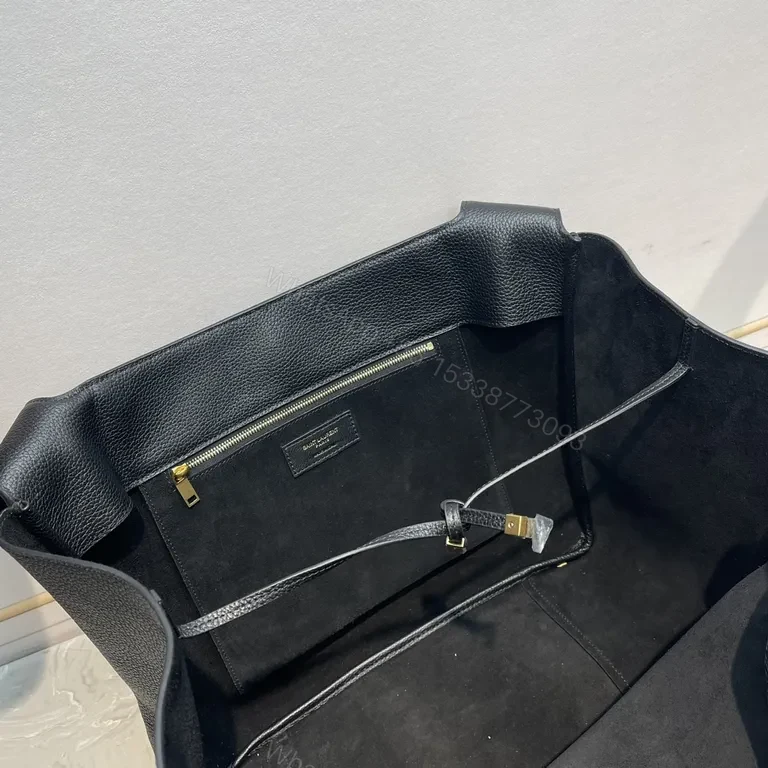 View 5 of Refined Black Leather Tote - Gold YSL Charm, Everyday Luxury Tote