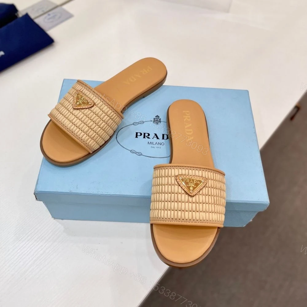 View 7 of Prada Leather Slides With Crochet Details Natural