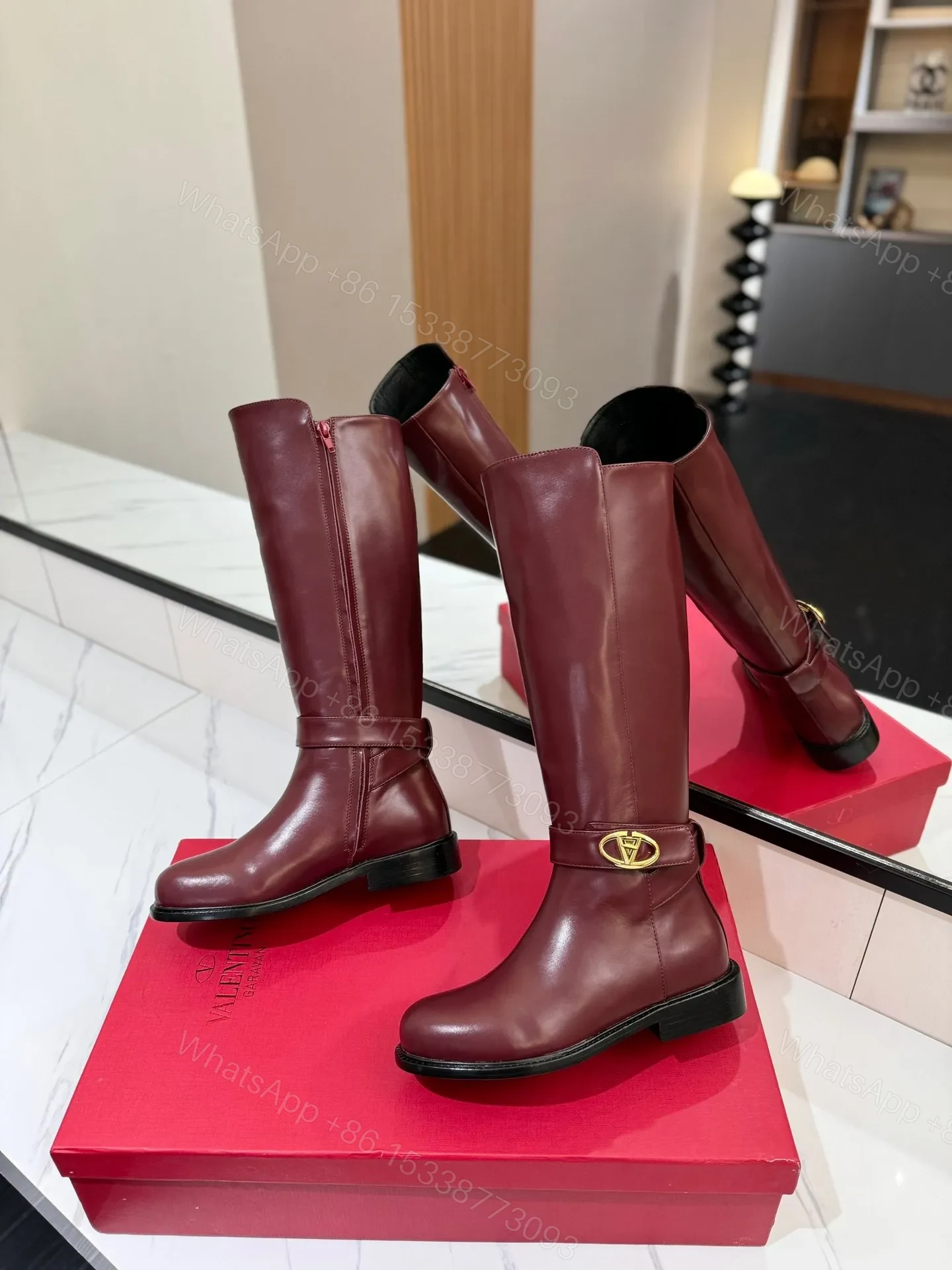View 6 of Valentino Women Burgundy Leather Knee High Boots