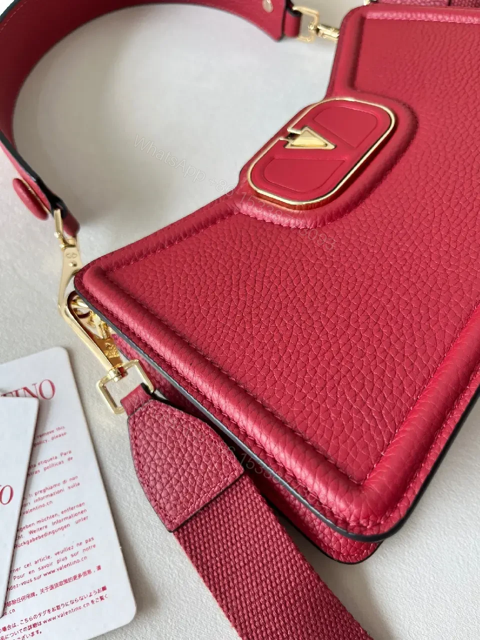View 4 of Vibrant Red Pebbled Leather Box Bag with Gold Hardware