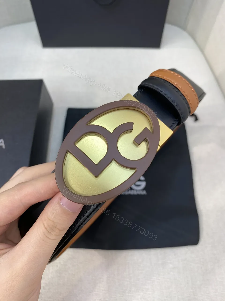View 6 of Chic Italy Leather Belt with Bold Gold Logo Detail