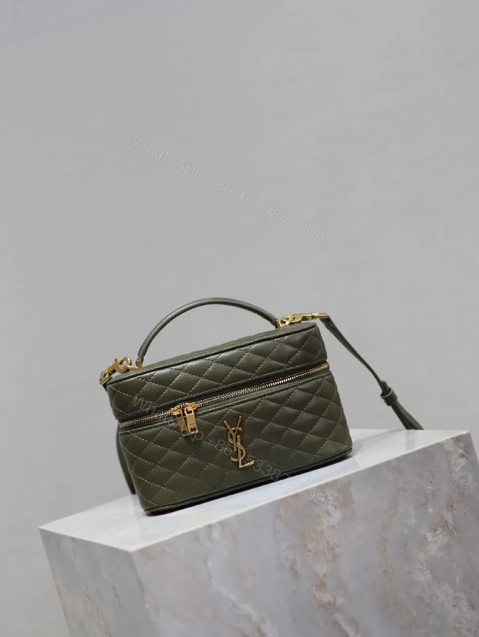 View 8 of Compact Olive Quilted Crossbody with Gold Hardware