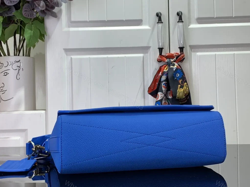 View 5 of Bold Blue Crossbody: Textured Leather, LV-inspired Monogram Bag