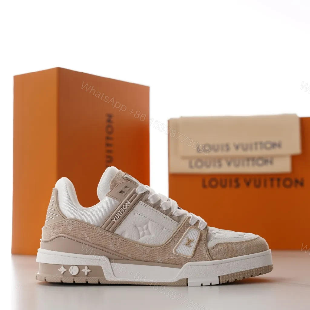 View 4 of Neutral-Tone Suede Leather Sneakers with Subtle LV-Inspired Detailing