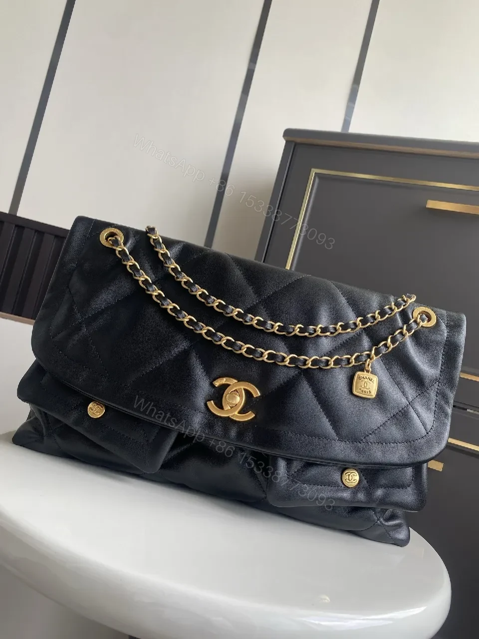 View 4 of Lux Quilted Leather Handbag in Black with Gold Hardware