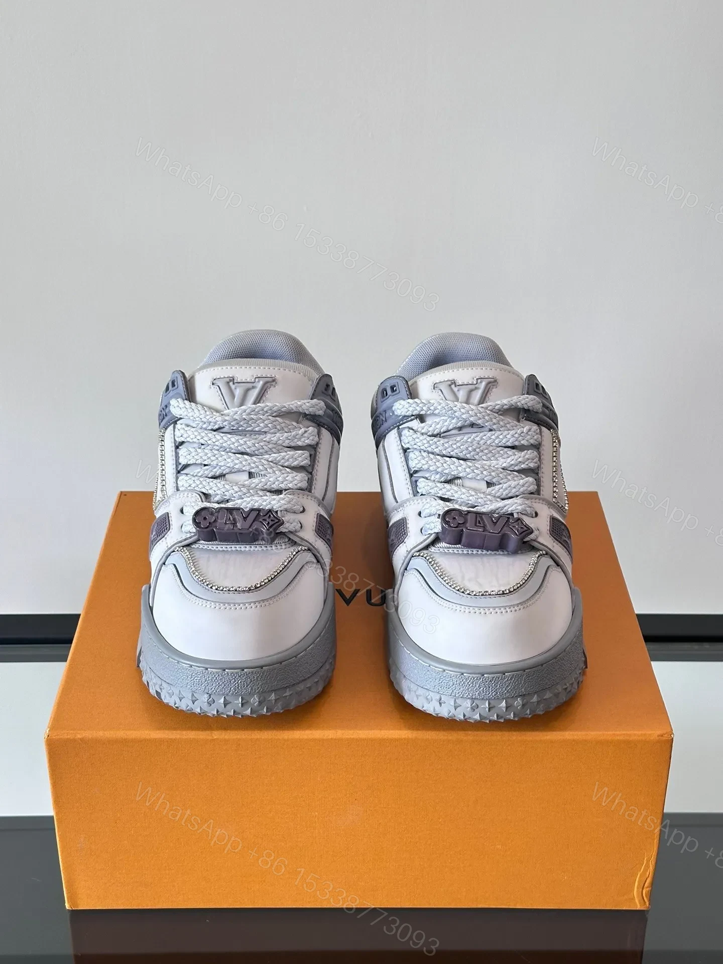 View 2 of LV Men White Leather Gray Accents Sneakers