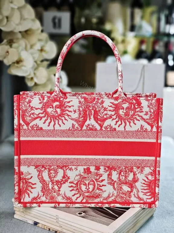 View 3 of Bold Tote: Red-Cream Jacquard, Dior-Style Brand, Structured Carryall