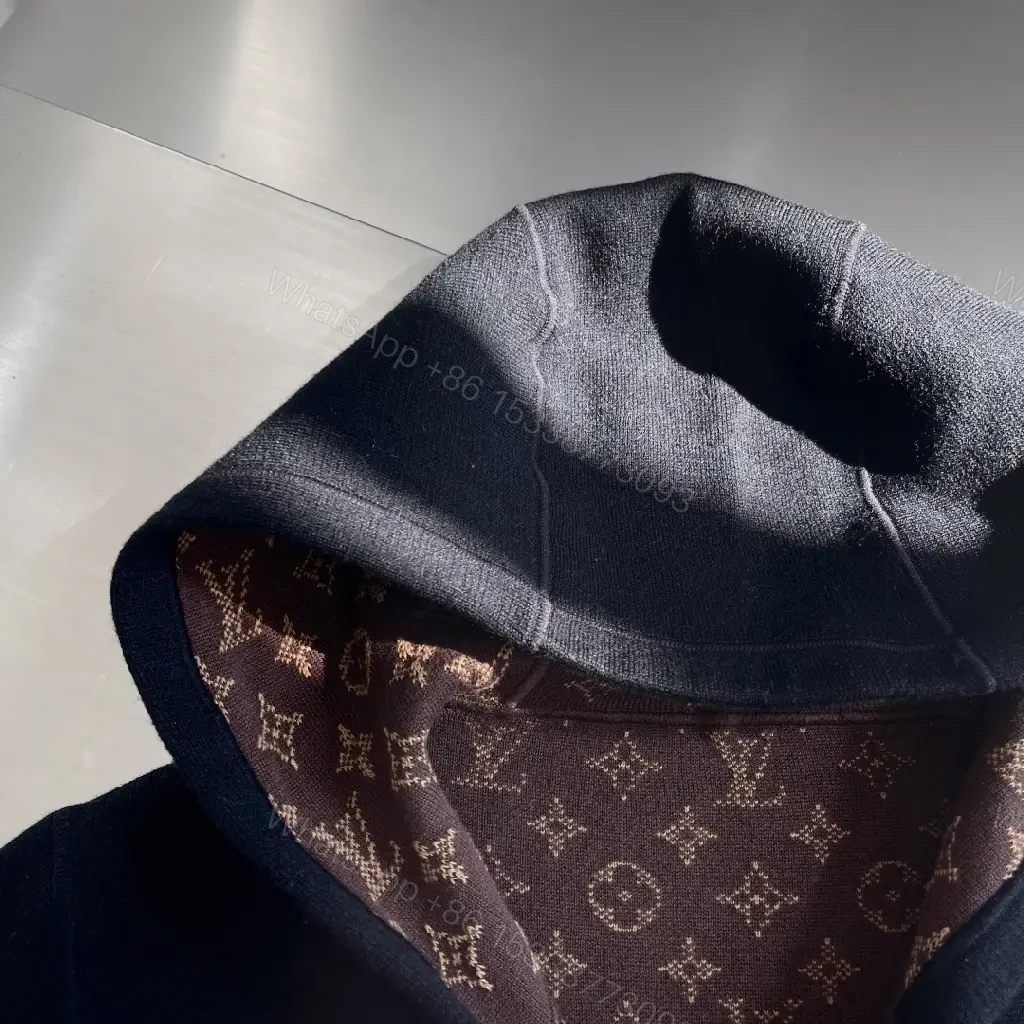 View 5 of Black Zip Hoodie Jacket - Luxury LV-Inspired Accent, Black, Cotton Blend, Modern, Everyday Wear