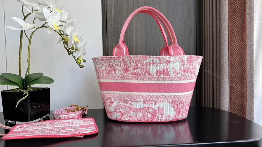 View 2 of Bold Pink Toile Dior Tote & Clutch Set