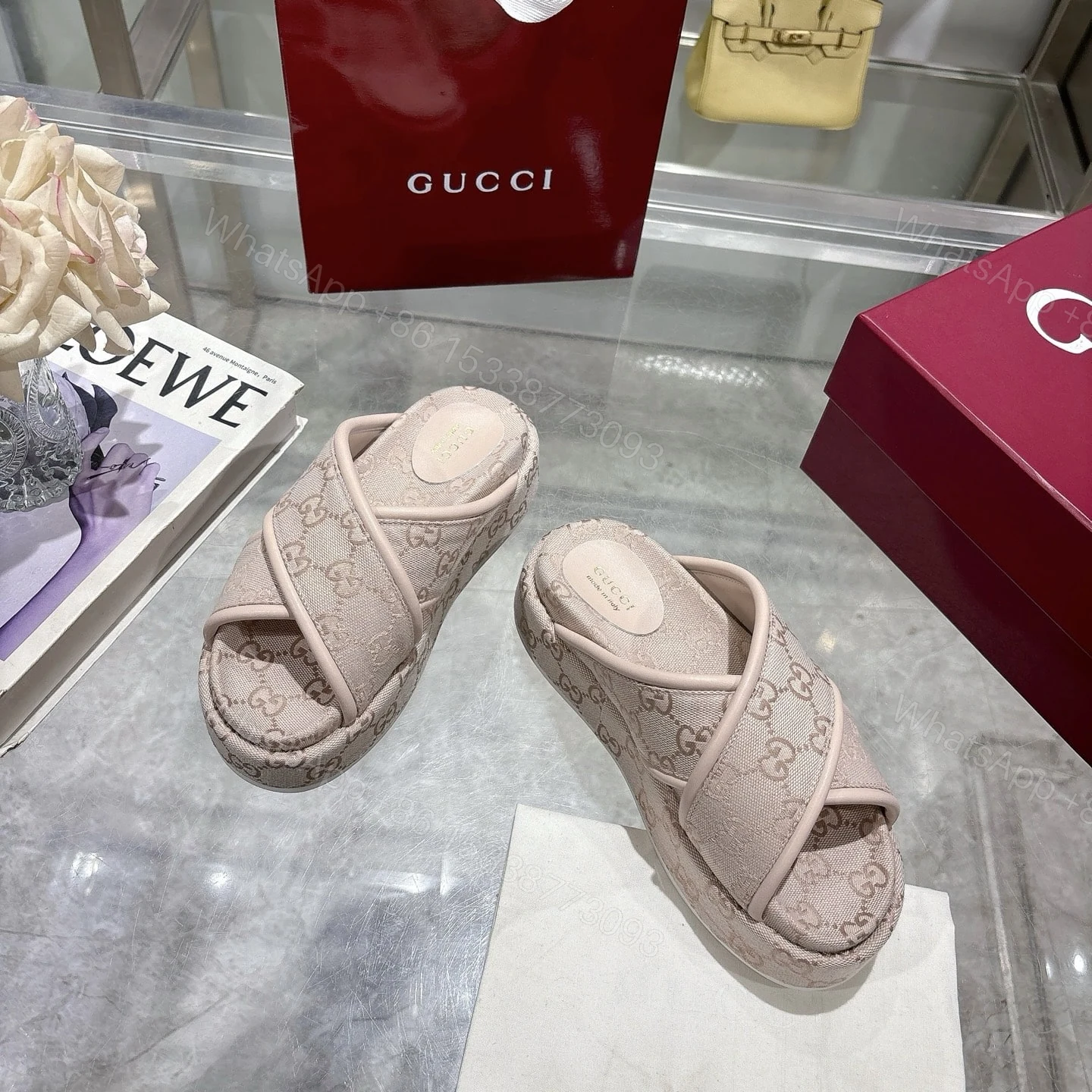 View 5 of GUCCI WOMEN’S GG PLATFORM SANDAL LIGHT PINK 816798 FAD9D 6845