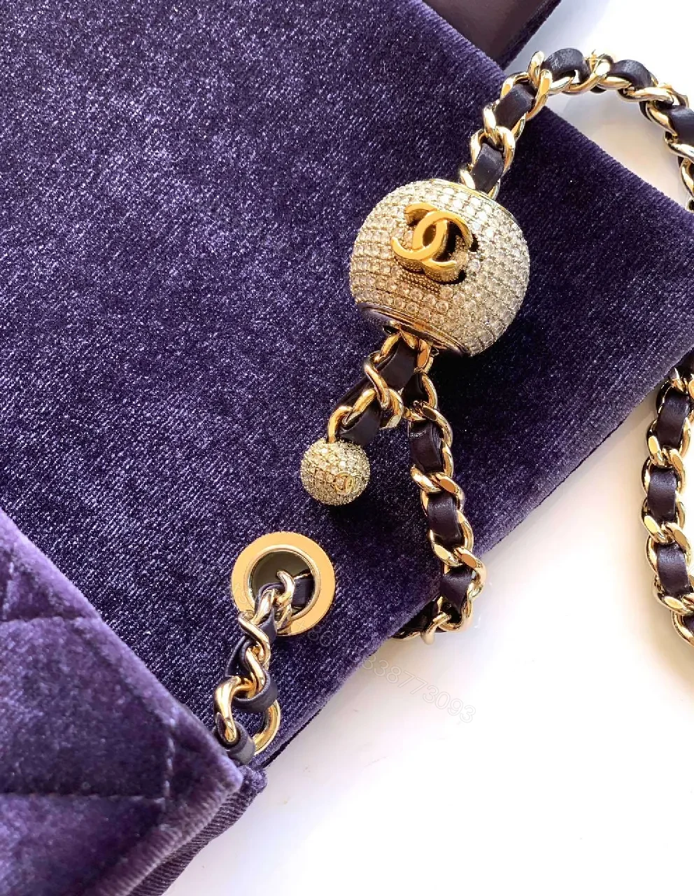 View 2 of Purple Velvet Quilted Shoulder Bag with Gold Hardware