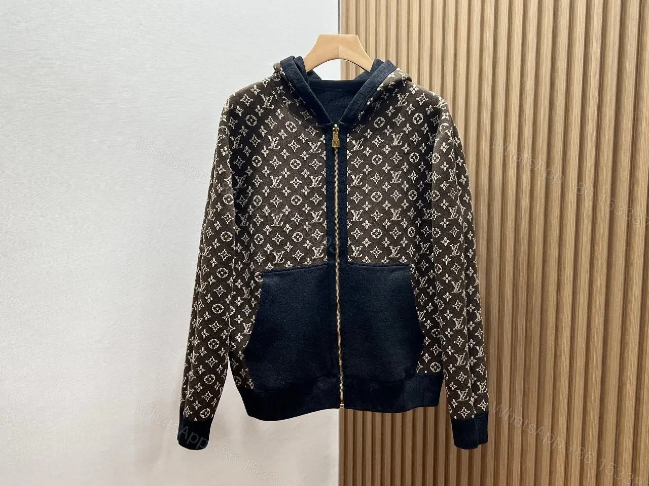 View 5 of Black Knit Zip Hoodie with Subtle LV Patch