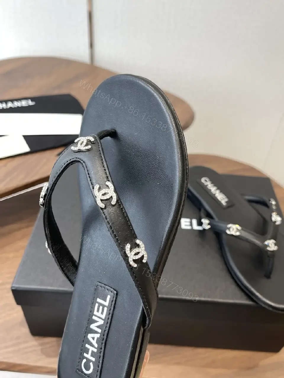 View 3 of Black Leather Flip-Flops Faux Pearl Thong Comfort CHANEL-inspired Sliders