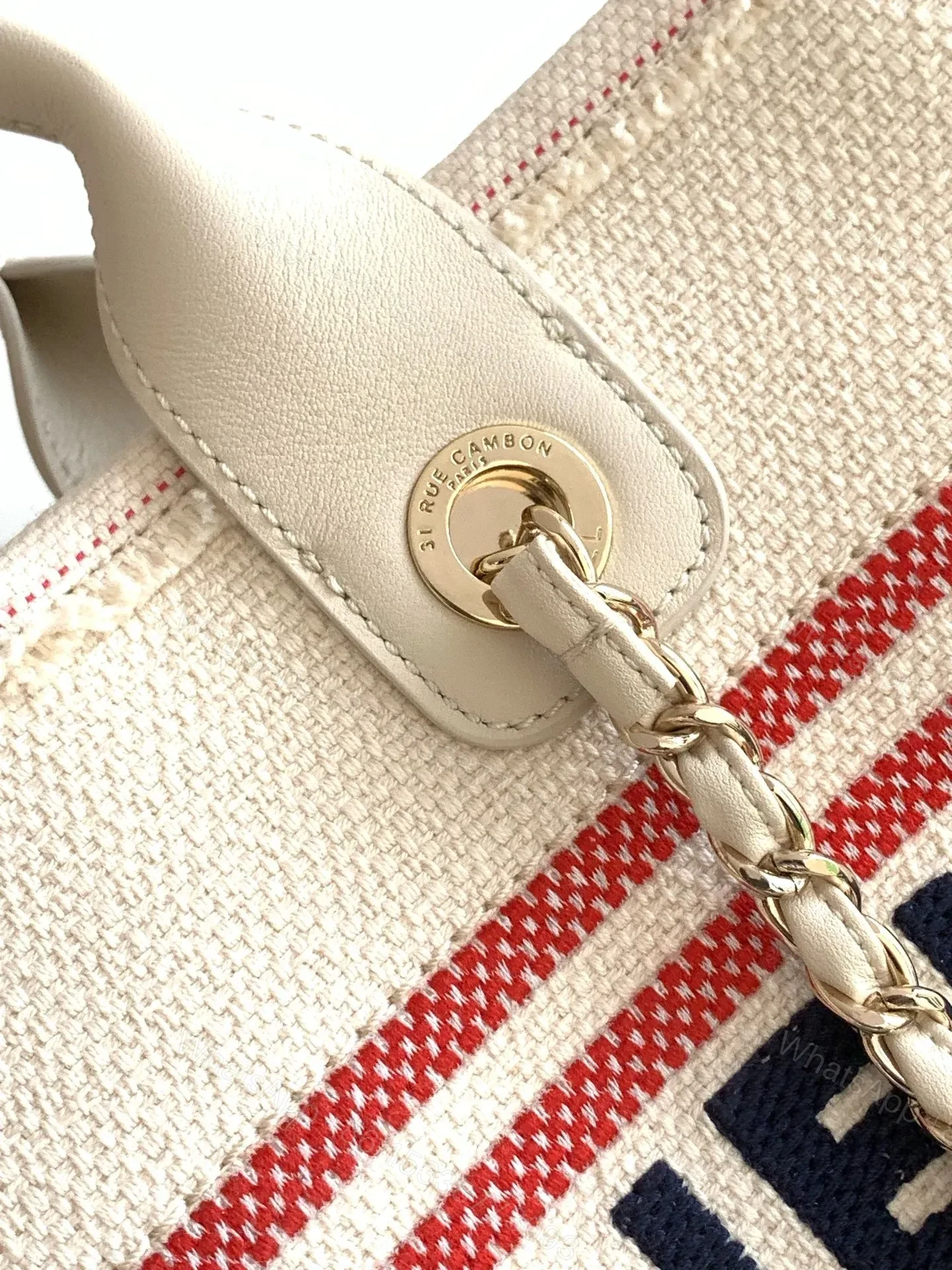 View 9 of CHANEL SHOPPING BAG 34 IN WHITE RED AND NAVY BLUE CANVAS