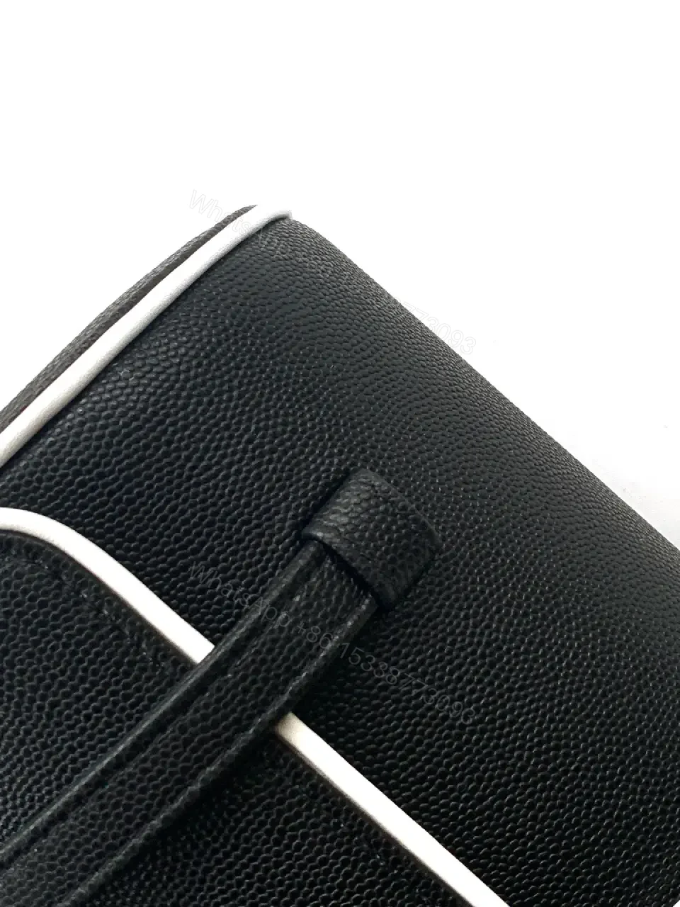 View 3 of Chic Black Leather Flap Bag with White Piping Contrasts