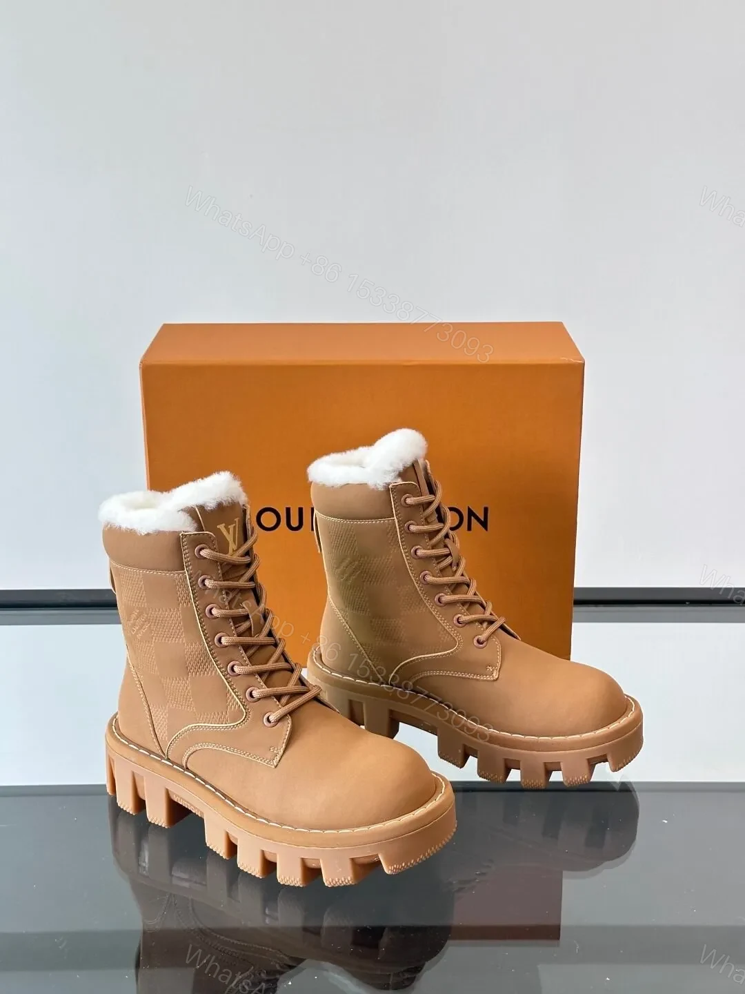 View 5 of LV Men Tan Leather Fur-Lined Boots
